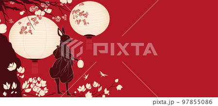 Vector illustration copy space banner of rabbit samurai with paper lanterns and magnolia tree on red background 97855086
