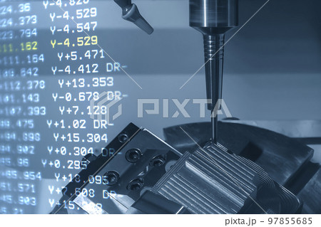 Abstract scene the 5-axis CNC milling machine and G-code data background. Abstract scene the 5-axis CNC milling machine and G-code data background. 97855685