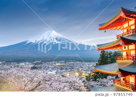 Mt. Fuji and Pagoda from Fujiyoshida, Japan During Spring Season 97855740