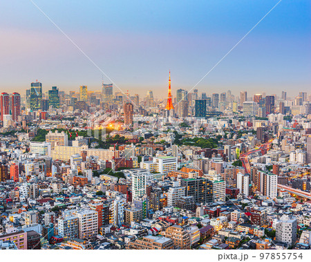 Tokyo, Japan Cityscape and Towers at Dusk 97855754