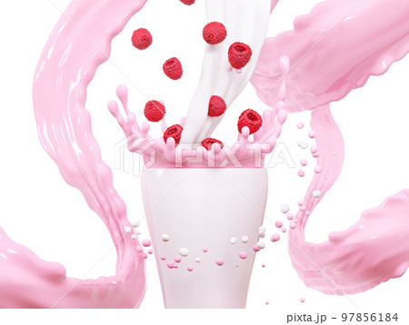 Fresh fruit yogurt splash with ripe raspberries. Healthy breakfast meal label design or advertising element with yogurt, cream, milk and raspberries. 3d rendering illustration 97856184