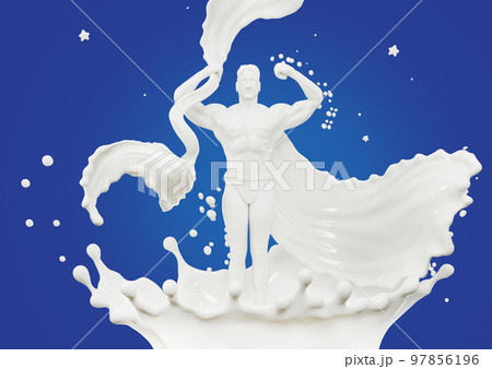Milk splash in the form of a superhero, consisting of white protein, sports nutrition or yogurt splash on a blue background, 3d rendering Milk splash in the form of a superhero, consisting of white protein, sports nutrition or yogurt splash on a blue background, 3d rendering 97856196