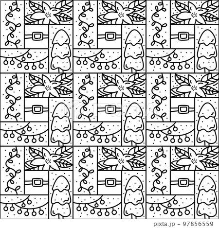 Vector Christmas logo advent seamless pattern. snowflake, candles, sock, garland, sock and star. Hand drawn monoline winter vector constructor for greeting card, invitation 97856559
