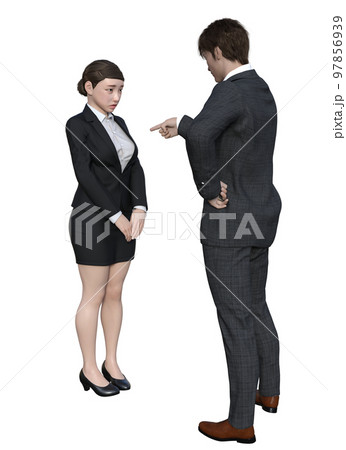 上司に叱られて反省する女性会社員と叱る男性上司  3Dモデルの全身正面と後ろ姿のイラストセット 97856939