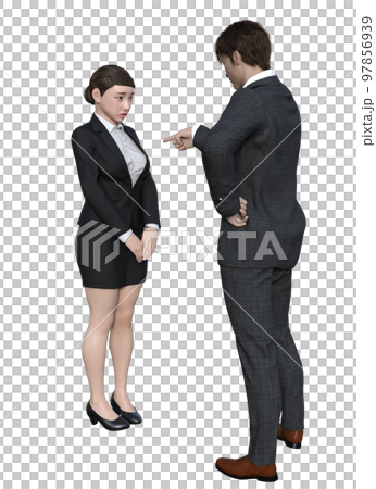 上司に叱られて反省する女性会社員と叱る男性上司  3Dモデルの全身正面と後ろ姿のイラストセット 97856939
