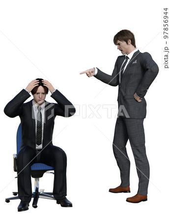 上司に叱られ頭を抱えるビジネスマン男性と指差しで怒る上司 3Dモデルの全身正面と横顔のイラスト 上司に叱られ頭を抱えるビジネスマン男性と指差しで怒る上司 3Dモデルの全身正面と横顔のイラスト 97856944
