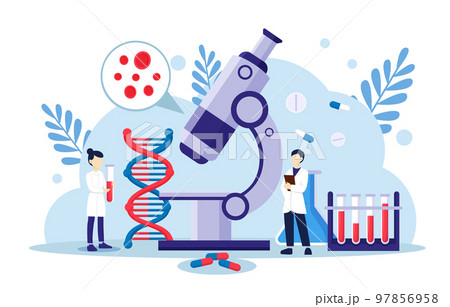 Genomics scene . Scientists are doing research in laboratory room . Genome therapy concept . Flat design . Vector . Genomics scene . Scientists are doing research in laboratory room . Genome therapy concept . Flat design . Vector . 97856958