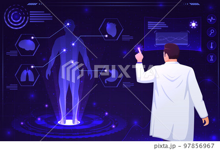 Medical holographic scene . Doctor is diagnose by health technology with patient body scan . Augmented Reality concept . Vector . 97856967