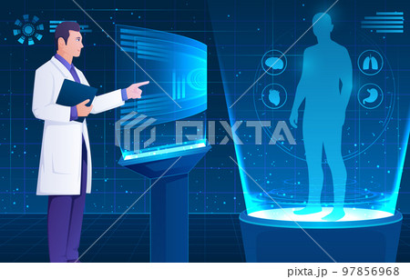 Medical holographic scene . Doctor is diagnose by health technology with patient body scan . Augmented Reality concept . Vector . 97856968