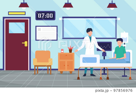 Inpatient department with doctor and patient characters . Hospital scene . Flat design . Vector . 97856976