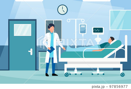 Inpatient department with doctor and patient characters . Hospital scene . Flat design . Vector . 97856977