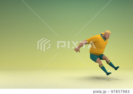 An athlete wearing a yellow shirt and green pants is jumping. 3d rendering of cartoon character in acting. 97857983