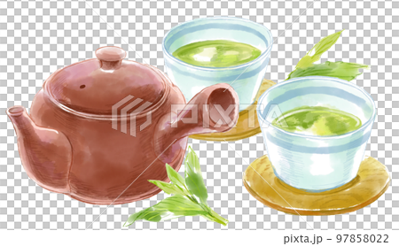 Watercolor illustration of brown teapot, green tea cup and tea leaves 97858022