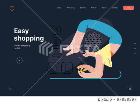 Easy shopping - Online shopping and electronic commerce series - modern flat vector concept illustration of a woman doing yoga and shopping. Promotion, discounts, sale and online orders concept Easy shopping - Online shopping and electronic commerce series - modern flat vector concept illustration of a woman doing yoga and shopping. Promotion, discounts, sale and online orders concept 97858597