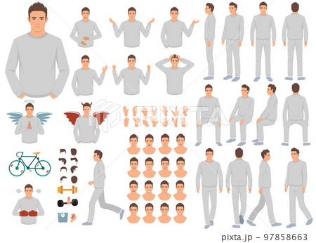 Vector man character casual poses set in flat style. Full length, gestures, emotions, front, side, back view. Vector man character casual poses set in flat style. Full length, gestures, emotions, front, side, back view. 97858663
