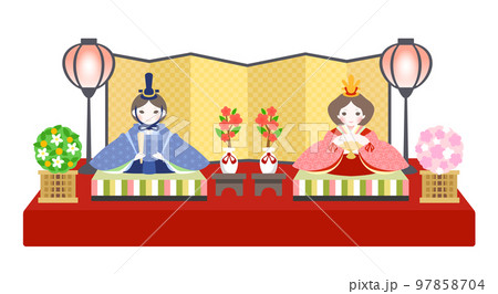 3月の春のひな祭り、桃の節句のイラストセット。可愛いお内裏様とお雛様、お飾り。 97858704