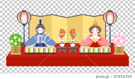 3月の春のひな祭り、桃の節句のイラストセット。可愛いお内裏様とお雛様、お飾り。 97858704