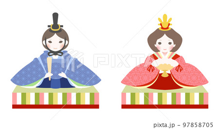 3月の春のひな祭り、桃の節句のイラストセット。可愛いお内裏様とお雛様、お飾り。 97858705