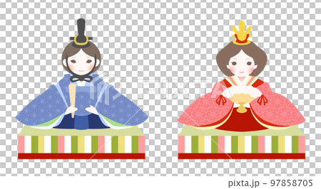 女兒節三月桃花節插畫集。可愛的天皇和人偶，裝飾品。 97858705