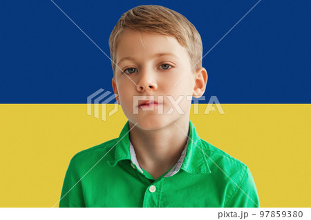 Stop War. Portrait Of Little Boy On Ukrainian Flag 97859380