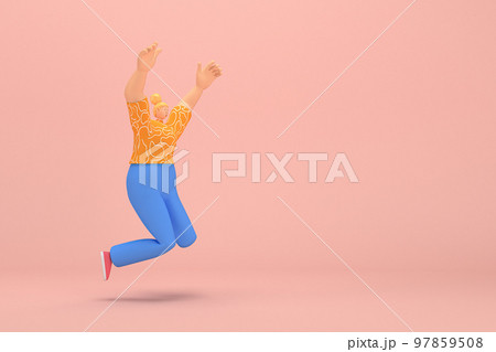 The woman with golden hair tied in a bun wearing blue corduroy pants and Orange T-shirt with white stripes.  She is jumping. 3d rendering of cartoon character in acting. 97859508