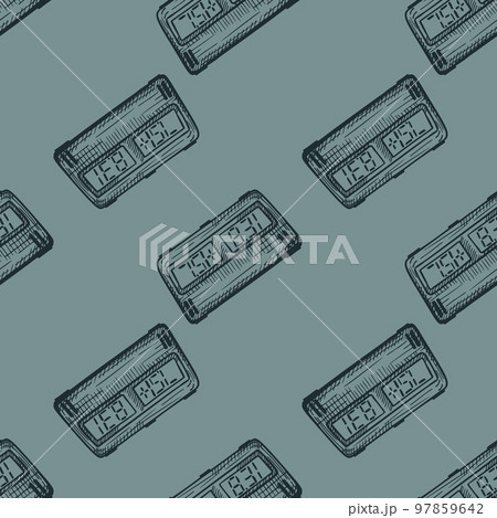 Chess clock electric engraved seamless pattern. Retro watch for chess game in hand drawn style. Sketch texture for fabric, wallpaper, textile, print, title, wrapping paper. Vector illustration. Chess clock electric engraved seamless pattern. Retro watch for chess game in hand drawn style. Sketch texture for fabric, wallpaper, textile, print, title, wrapping paper. Vector illustration. 97859642