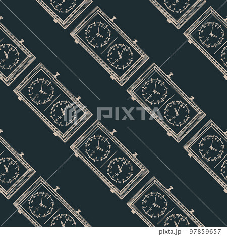 Chess clock engraved seamless pattern. Retro watch for chess game in hand drawn style. Sketch texture for fabric, wallpaper, textile, print, title, wrapping paper. Vector illustration. 97859657