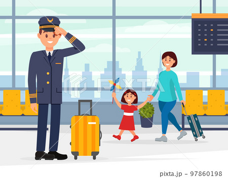 Pilot of aircraft waiting for flight. Man in uniform with suitcase standing in waiting hall of airport cartoon vector Pilot of aircraft waiting for flight. Man in uniform with suitcase standing in waiting hall of airport cartoon vector 97860198