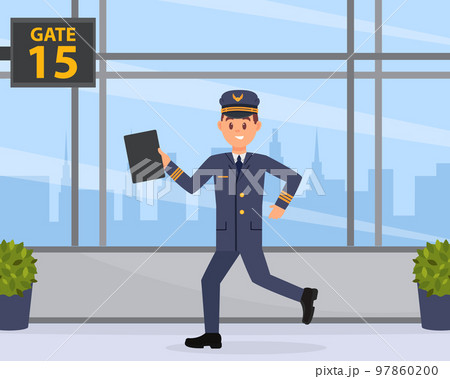 Pilot Running Pilot running in hurry for flight. Cheerful man...のイラスト素材 [97860200 ...