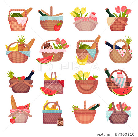 Picnic baskets set. Willow weaving hampers with wine, bread, fruits and flowers cartoon vector 97860210