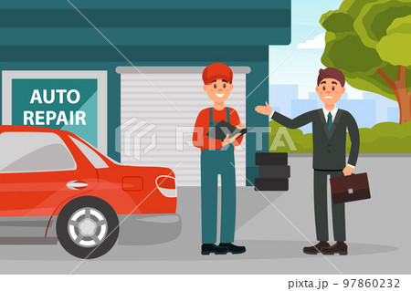 Businessman visiting repair service and talking with car mechanic. Repairing vehicle in maintenance workshop cartoon vector 97860232