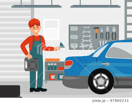 Car service worker changing oil and repairing car in maintenance workshop. Male mechanics in overalls repairing car cartoon vector 97860233