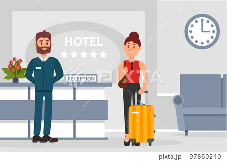Hotel reception with manager at registration desk and female tourist with suitcase. Hotel establishment service staff cartoon vector 97860240