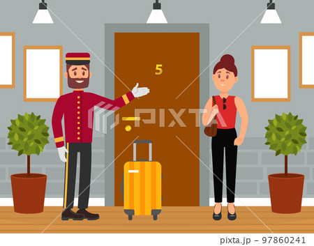 Professional bellboy carrying suitcase of female hotel guest. Hotel porter service worker cartoon vector Professional bellboy carrying suitcase of female hotel guest. Hotel porter service worker cartoon vector 97860241
