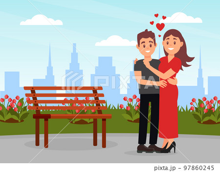 Happy loving couple having date in park. Happy lovers hugging on background of city landscape cartoon vector 97860245