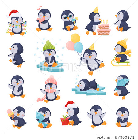 Penguin Character Enjoying Winter Season Big Vector Set 97860271
