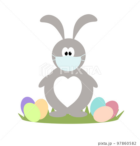 Easter bunny in a medical mask with colored eggs on the grass. Easter bunny in a medical mask with colored eggs on the grass. 97860582