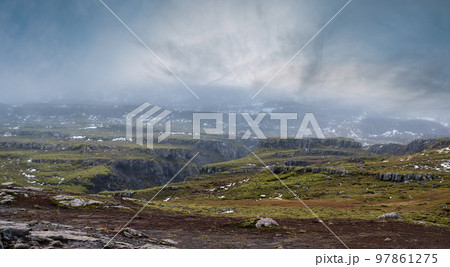 Beautiful mountain view during auto trip in Iceland. Spectacular Icelandic landscape with  scenic nature 97861275