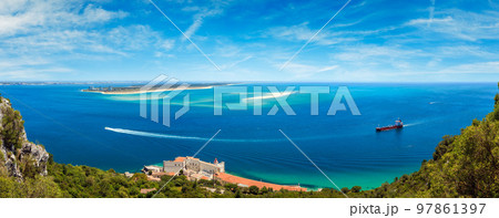 Summer sea coast landscape. Top view from Nature Park Arrabida in Setubal, Portugal. Summer sea coast landscape. Top view from Nature Park Arrabida in Setubal, Portugal. 97861397