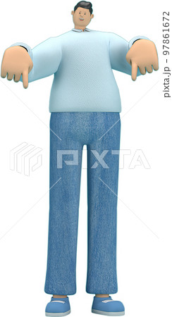 cartoon character wearing jeans and long shirt. He is expression of body and hand when talking. 3d rendering in acting. cartoon character wearing jeans and long shirt. He is expression of body and hand when talking. 3d rendering in acting. 97861672