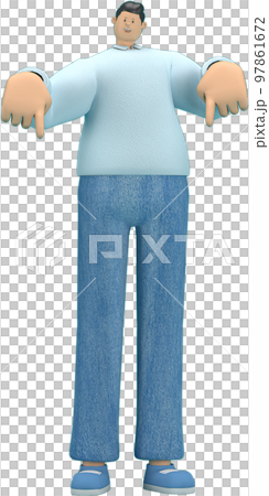 cartoon character wearing jeans and  long shirt. He is expression  of body and hand when talking. 3d rendering in acting. 97861672