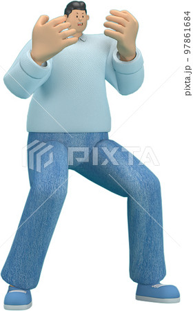 cartoon character wearing jeans and  long shirt. He is expression  of body and hand when talking. 3d rendering in acting. 97861684