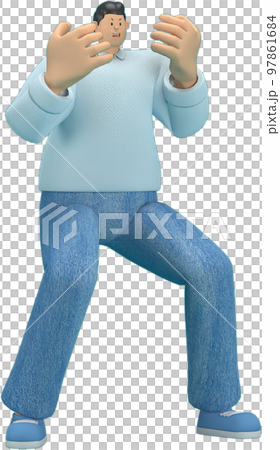 cartoon character wearing jeans and  long shirt. He is expression  of body and hand when talking. 3d rendering in acting. 97861684