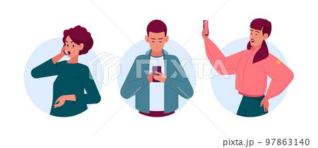 People With Phones Isolated Round Icons Or Avatars. Male And Female Characters Chat, Making Selfie, Play Games People With Phones Isolated Round Icons Or Avatars. Male And Female Characters Chat, Making Selfie, Play Games 97863140