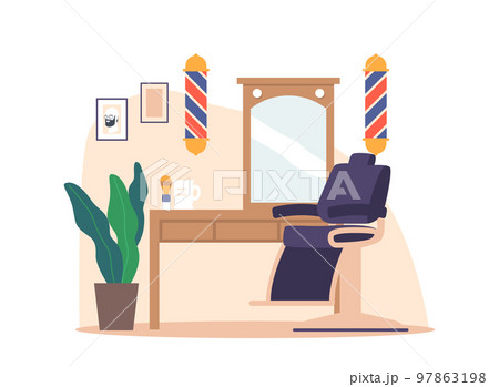 Barber Shop Interior, Men Salon with Chair, Desk, Mirror and Poles. Male Barbershop Beauty Parlor in Hipster Style Barber Shop Interior, Men Salon with Chair, Desk, Mirror and Poles. Male Barbershop Beauty Parlor in Hipster Style 97863198