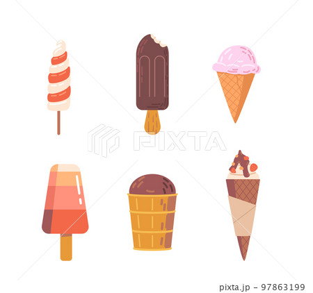 Set Of Ice Cream, Waffle Cone, Popsicle, Fruit Ice Or Yogurt Icecream. Sweet Creamy Dessert Of Various Flavors, Icons Set Of Ice Cream, Waffle Cone, Popsicle, Fruit Ice Or Yogurt Icecream. Sweet Creamy Dessert Of Various Flavors, Icons 97863199