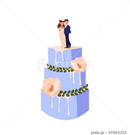 Cartoon Wedding Cake, Luxury Dessert with Festive Decor and Bride and Groom Figures on Top. Sweet Confectionery 97863202