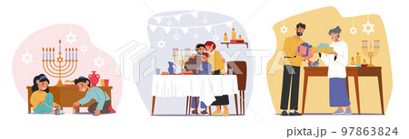 Set Hanukkah Israel Holiday Celebration. Happy Family With Kids Celebrate Jewish Festival Of Lights Vector Illustration Set Hanukkah Israel Holiday Celebration. Happy Family With Kids Celebrate Jewish Festival Of Lights Vector Illustration 97863824