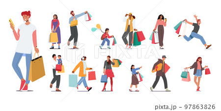 Set of People doing Shopping, Run for Sale Isolated on White Background. Male Female Characters and Kids with Bags 97863826