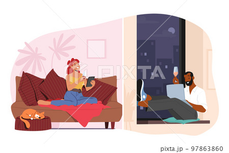 Young Male and Female Characters Virtual in Relations. Woman with Smartphone and Man with Laptop Dating Online Young Male and Female Characters Virtual in Relations. Woman with Smartphone and Man with Laptop Dating Online 97863860